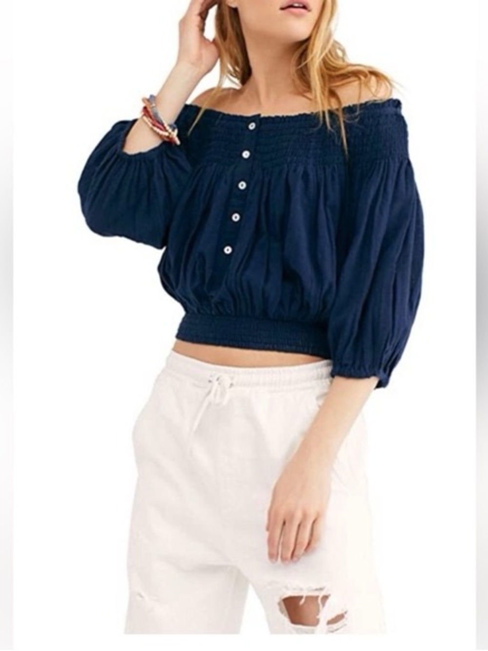 Free People Blue Dancing Till Dawn Smocked Off The Shoulder Crop Top Size XS